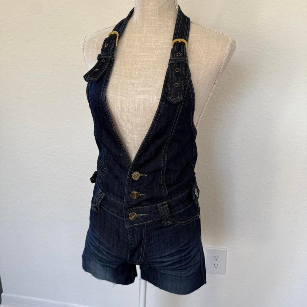 Vintage Y2K-inspired dark wash denim mini romper